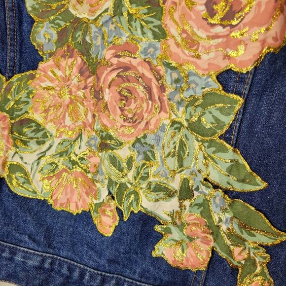 LEVI'S Floral Painted Patch Denim Jean Jacket Pockets Preppy Upcycled Size M - Picture 9 of 16